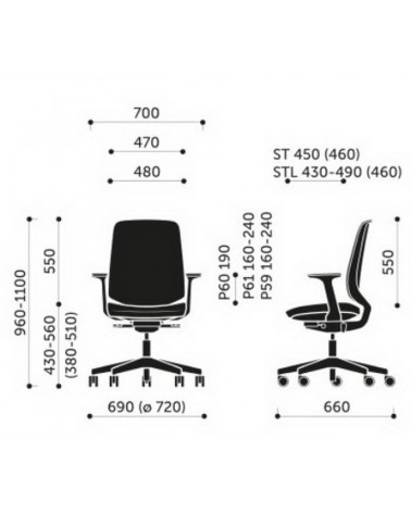 Wymiary krzesła Lightup 250ST/STL